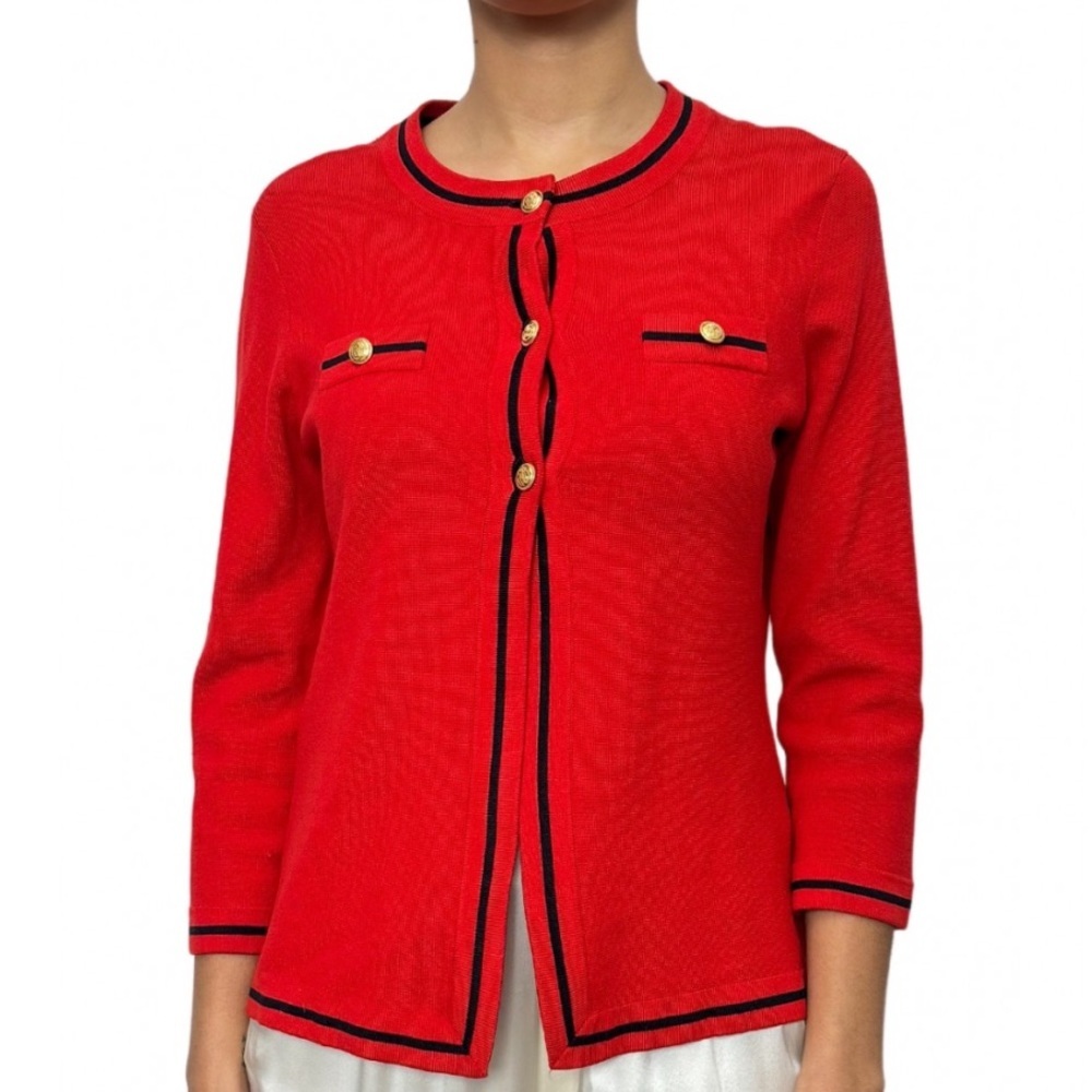 Brooks Brothers Silk & Cotton Red Knit Cardigan Navy Trim and Gold Buttons